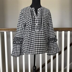 J Crew Gingham Plaid Bell Sleeve Black White Embroidered Blouse Top Sz 4 Western